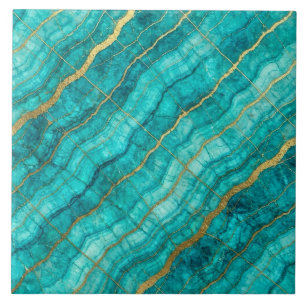 Turquoise Teal Blauw en Goud Marmer Tegeltje