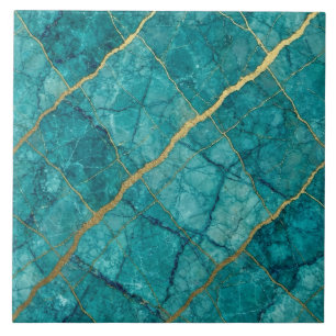 Turquoise Teal Blauw en Goud Marmer Tegeltje