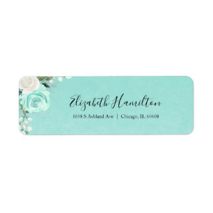 Turquoise Teal Bloemschildering in Waterverf Elega Etiket