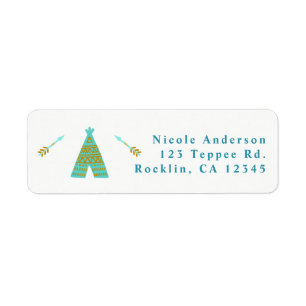 Turquoise Teal Gouden Teepee Verjaardagsfeestje Etiket