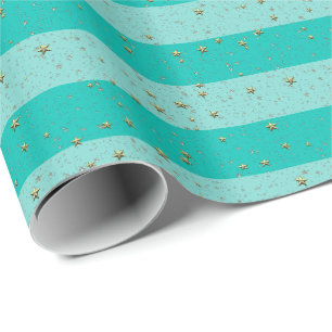 Turquoise, Teal LG Preppy Streep 2X DIY BG Sterren Cadeaupapier