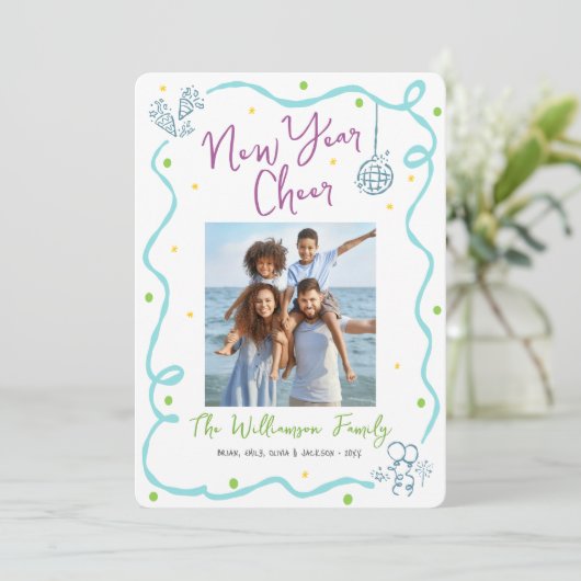 Turquoise Teal New Year Cheer Photo Hand Drawn Fun Feestdagenkaart (Staand voorkant)