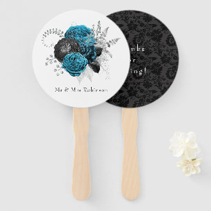 Turquoise - Teal Zwart en Zilveren Bloemachtige Tr Handwaaier