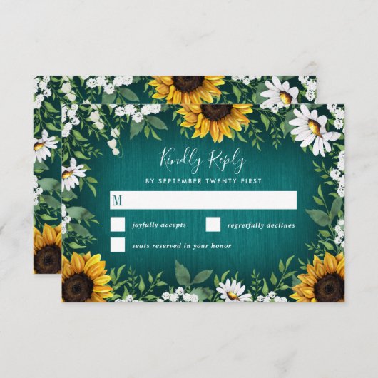 Turquoise Tournesol Pays Mariage rustique Cartes R (Devant / Derrière)