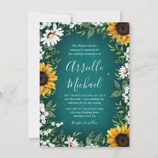 Turquoise Tournesol Rustique Invitations de mariag (Devant)