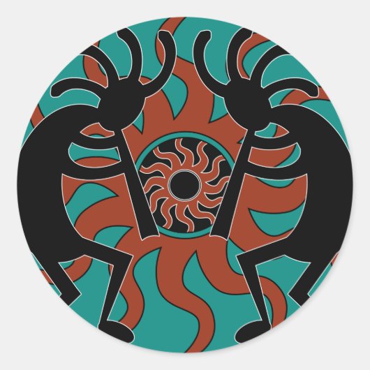 Turquoise Tribal Sun Zuidwest Kokopelli Ronde Sticker (Voorkant)