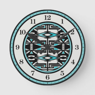 Turquoise Tribale Wandklok met Tapijtpatroon Ronde Klok