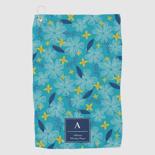 Turquoise Tropical Floral Pattern - Voeg Jouw naam Golfhanddoek (Voorkant)