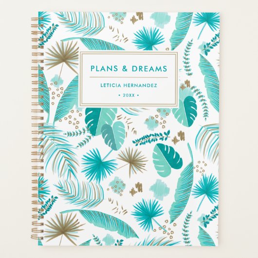 Turquoise Tropical Leaves Pattern Gepersonaliseerd Planner (Voorkant)