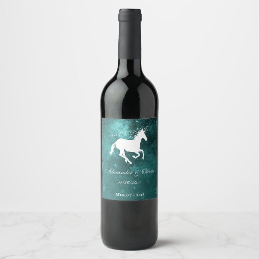 Turquoise Unicorn Mariage Étiquette de vin (Devant)