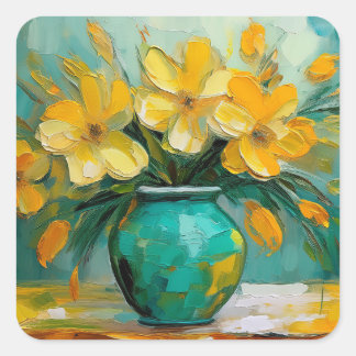 Turquoise Vaas met Gele Bloemen Vierkante Stickers