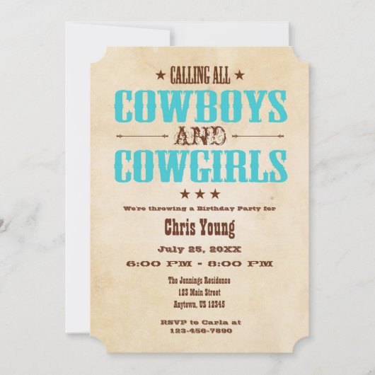 Turquoise Vintage Cowboy Invitation d'anniversaire (Devant)