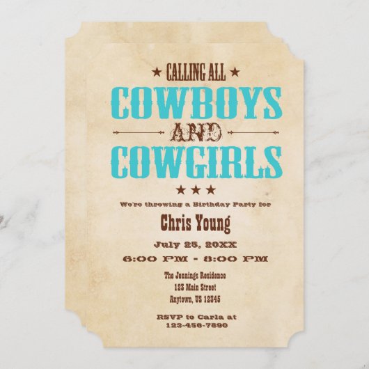 Turquoise Vintage Cowboy Invitation d'anniversaire (Devant / Derrière)