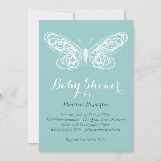 turquoise vlinder Baby shower uitnodiging (Voorkant)