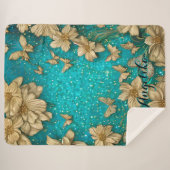Turquoise Vlinders Nep Goud Glitter Aangepaste Naa Sherpa Deken (Voorkant (horizontaal))