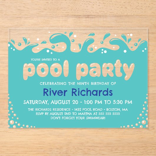Turquoise Water Splashes Kids Verjaardag Pool Part Acryl Uitnodigingen (Voorkant)