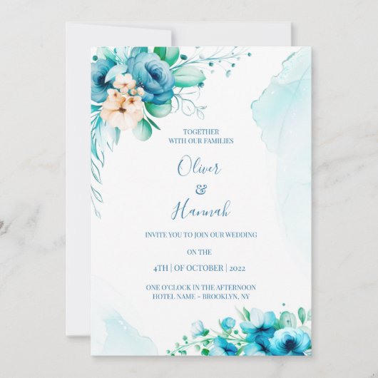 Turquoise Watercolor Floral Wedding Invitation Kaart (Voorkant)