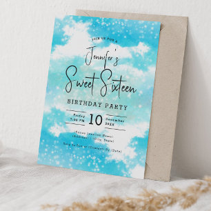 Turquoise Waterverf Clouds Sweet 16 Party Kaart