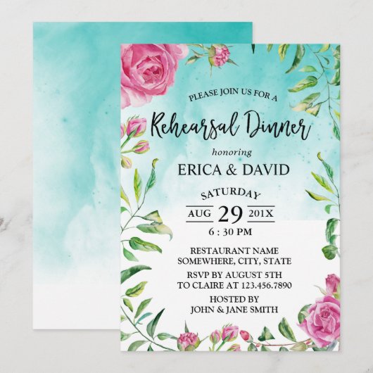Turquoise Waterverf Floral Rehearsal Dinner Kaart (Voorkant / Achterkant)