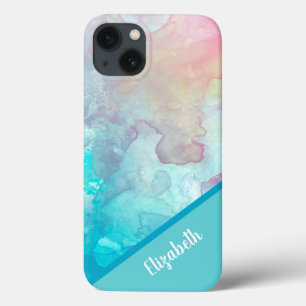 Turquoise Waterverf Gepersonaliseerd iPhone 13 Hoesje