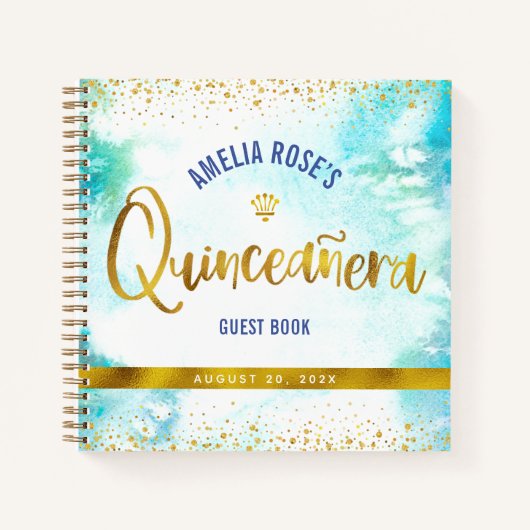 Turquoise Waterverf Gold Quinceañera Guest Book Notitieboek (Voorkant)