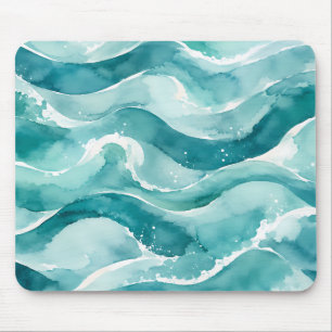 Turquoise Waterverf Oceaan Golven Abstract Muismat