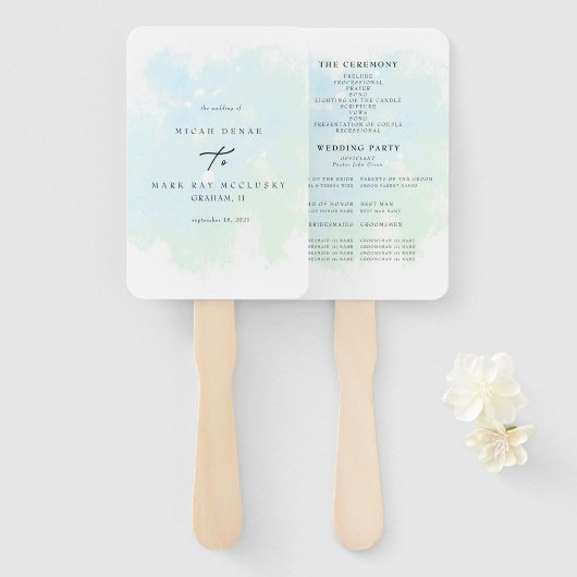 Turquoise Waterverf Splash Wedding Program Hand F Handwaaier (Voorkant en achterkant)