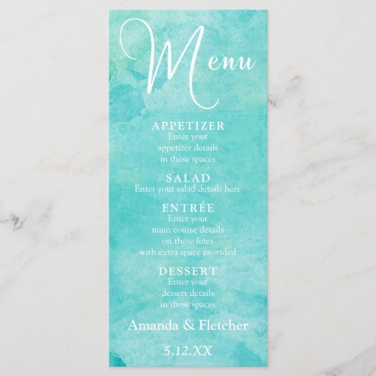 Turquoise Waterverf Typography Wedding Menu (Voorkant)