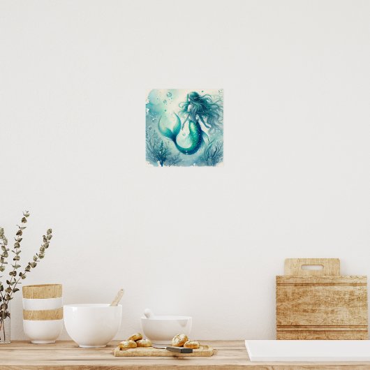 Turquoise Waterverf Zeemeermin kunst Posters (Keuken)