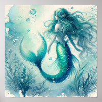 Turquoise Waterverf Zeemeermin kunst Posters