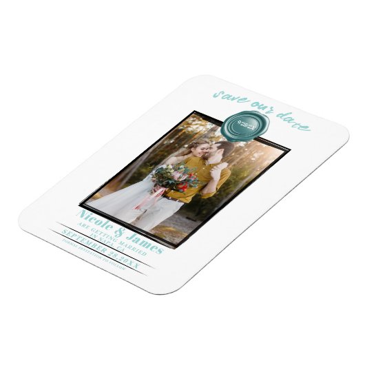 Turquoise Wax Seal Foto Bruiloft Save the Date Magneet (Linkerzijde)