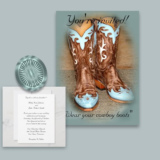 Turquoise Westerne Boots Wedding Invitation Kaart