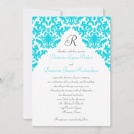 Turquoise, White, Black Damask Monogrammed Invite Kaart (Voorkant)