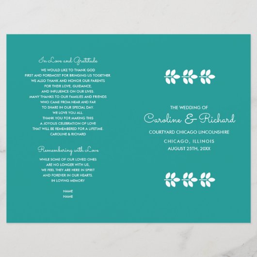 Turquoise White Branches Programme de mariage (Devant)
