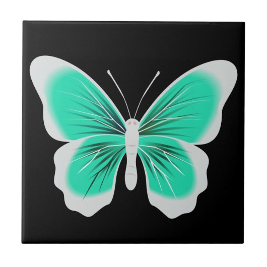 Turquoise white butterfly black background tegeltje (Voorkant)