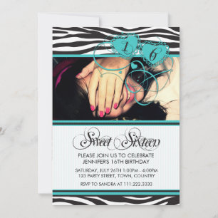 TURQUOISE WHITE COOL ZEBRA PRINT SWEET SIXTEEN KAART