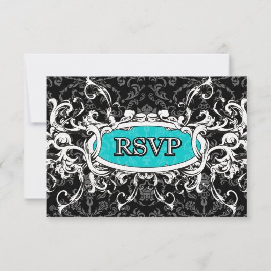 Turquoise & White Damask Wedding RSVP Reply Cards (Achterkant)