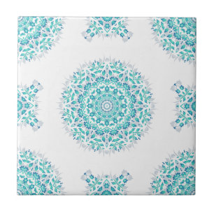 Turquoise White Floral Mandala Geometric Pattern Tegeltje