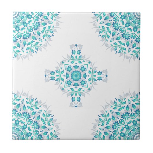Turquoise White Floral Mandala Geometric Pattern Tegeltje (Voorkant)