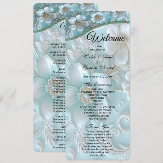Turquoise White Floral Wedding Programme (Devant / Derrière)