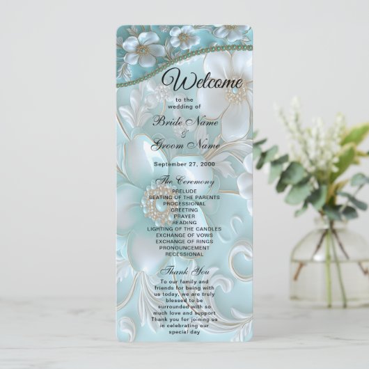 Turquoise White Floral Wedding Programme (Debout devant)
