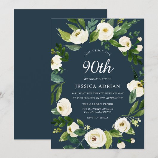 Turquoise White Flower 90th Birthday Invite Kaart (Voorkant / Achterkant)
