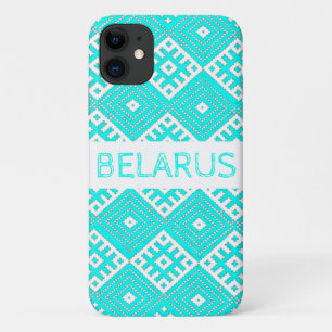 Turquoise White Folk print Belarus iPhone 11 Hoesj Hoesje