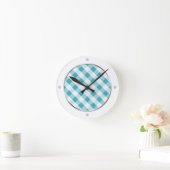 Turquoise & White Gingham Pattern Wall Clock Ronde Klok (Huis)