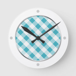 Turquoise & White Gingham Pattern Wall Clock Ronde Klok