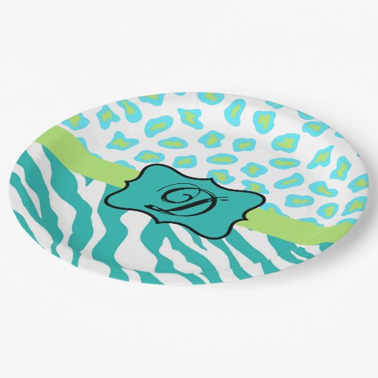 Turquoise White Green Zebra Leopard Skin Monogram Papieren Bordje (Gekanteld)
