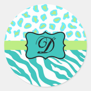 Turquoise White Green Zebra Leopard Skin Monogram Ronde Sticker