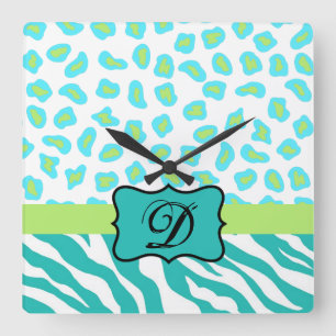 Turquoise White Green Zebra Leopard Skin Monogram Vierkante Klok