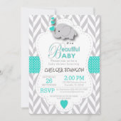 Turquoise, White Grey Elephant Baby shower Kaart (Voorkant)