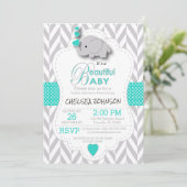 Turquoise, White Grey Elephant Baby shower Kaart (Staand voorkant)